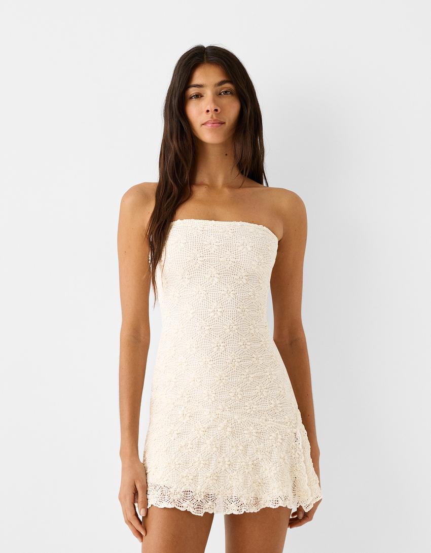 Rustic bandeau mini dress-Cream-1