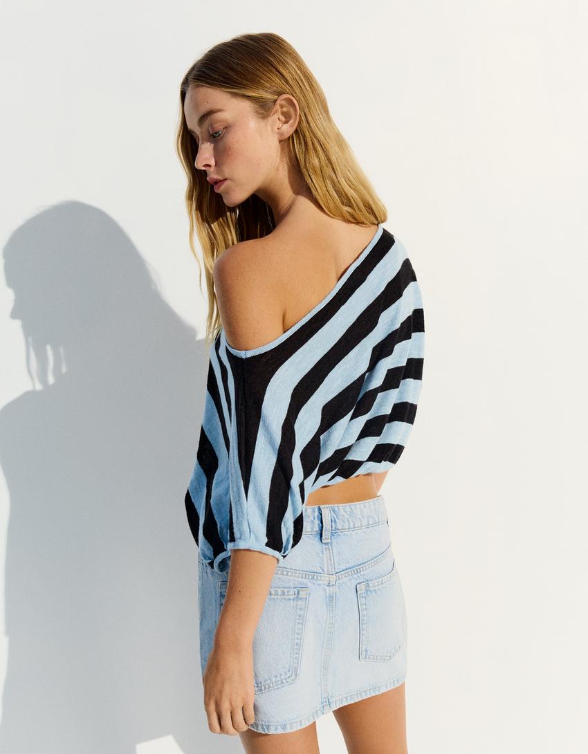 Asymmetric striped sweater-Blue