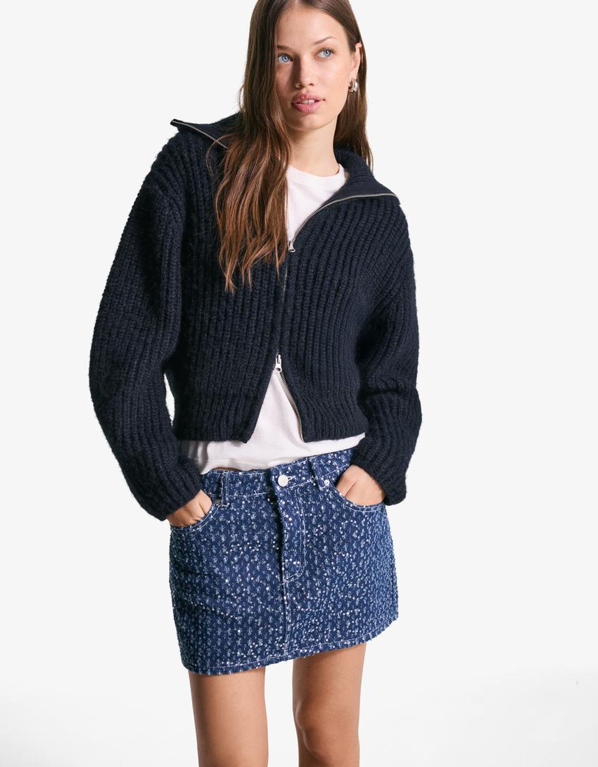 Falda denim lentejuelas-Azul
