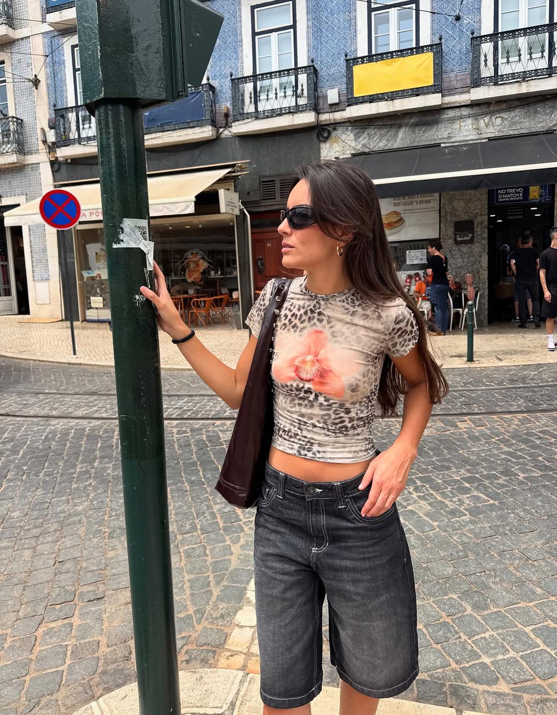 Printed short sleeve tulle T-shirt