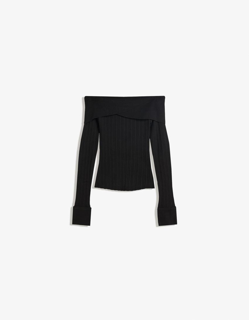 Pull texturé à col Bardot-Noir-3