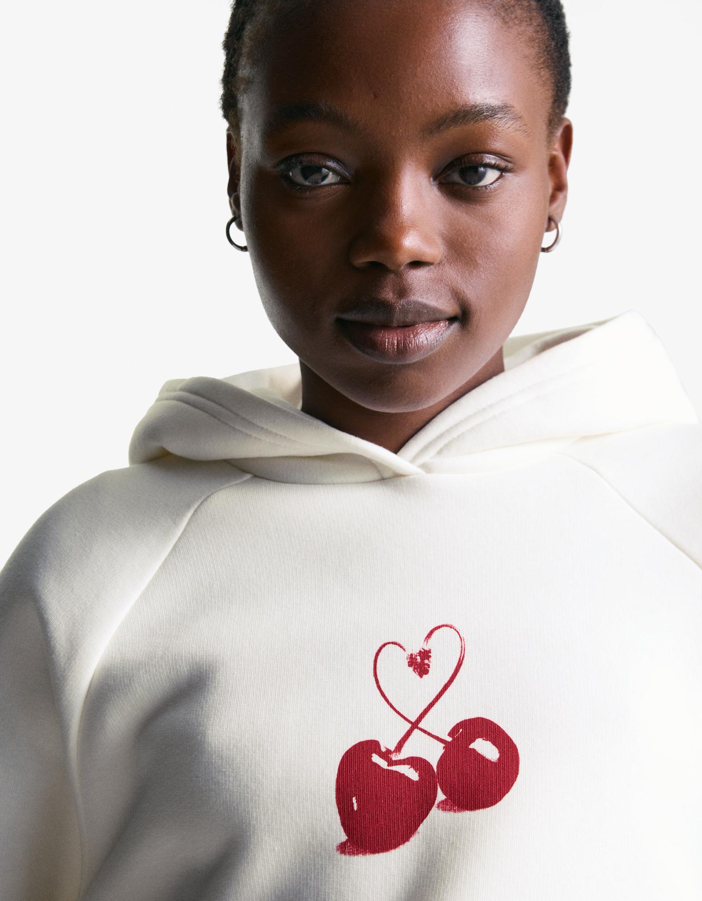 Bershka bluza z kapturem i nadrukiem kremowy