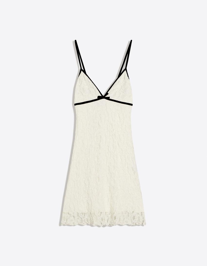 Vestido mini encaje contraste-Blanco roto