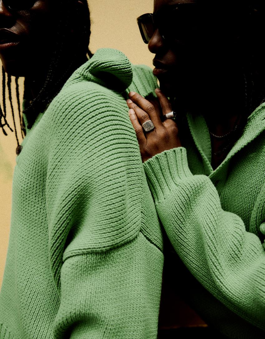 Boxy polo collar sweater-Green
