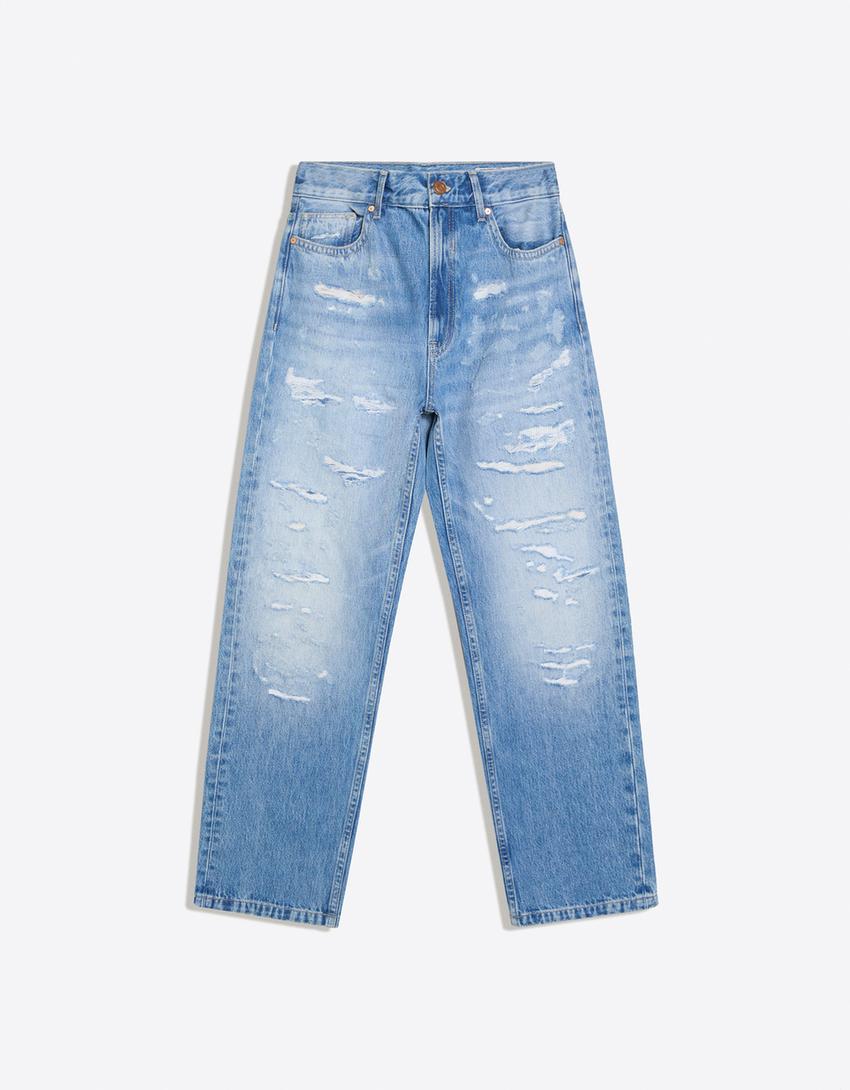 Ripped straight wide-leg jeans-Light blue