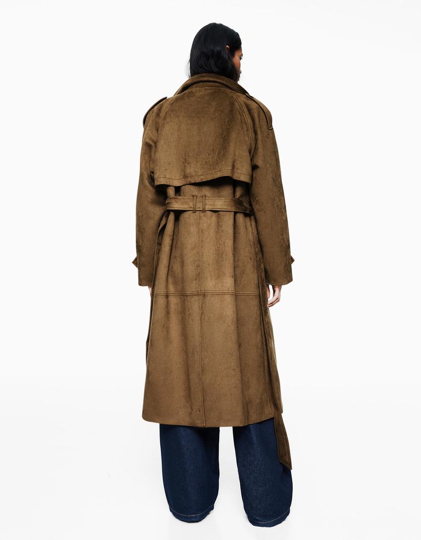 Süet efektli trençkot-Kum rengi