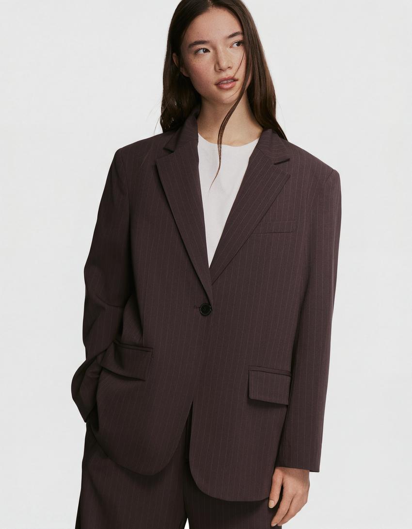 Blazer double-breasted bergaris-Cokelat