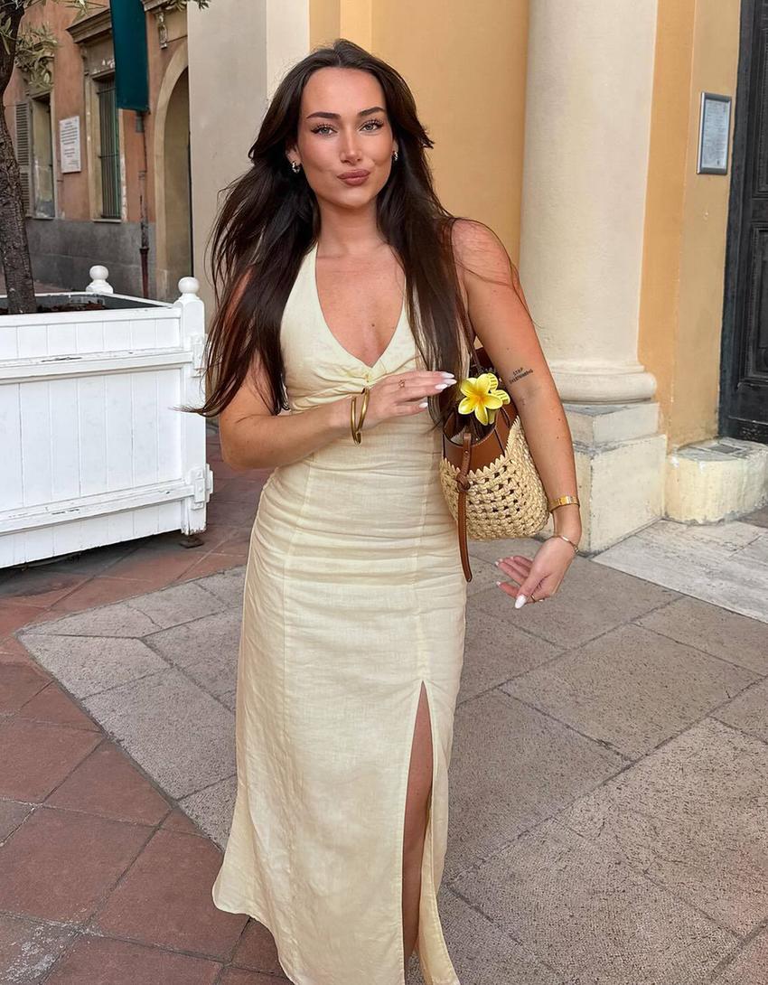 Ketenli halter midi elbise - Görsel 3