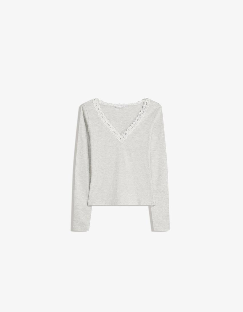 Long sleeve lace T-shirt-Grey