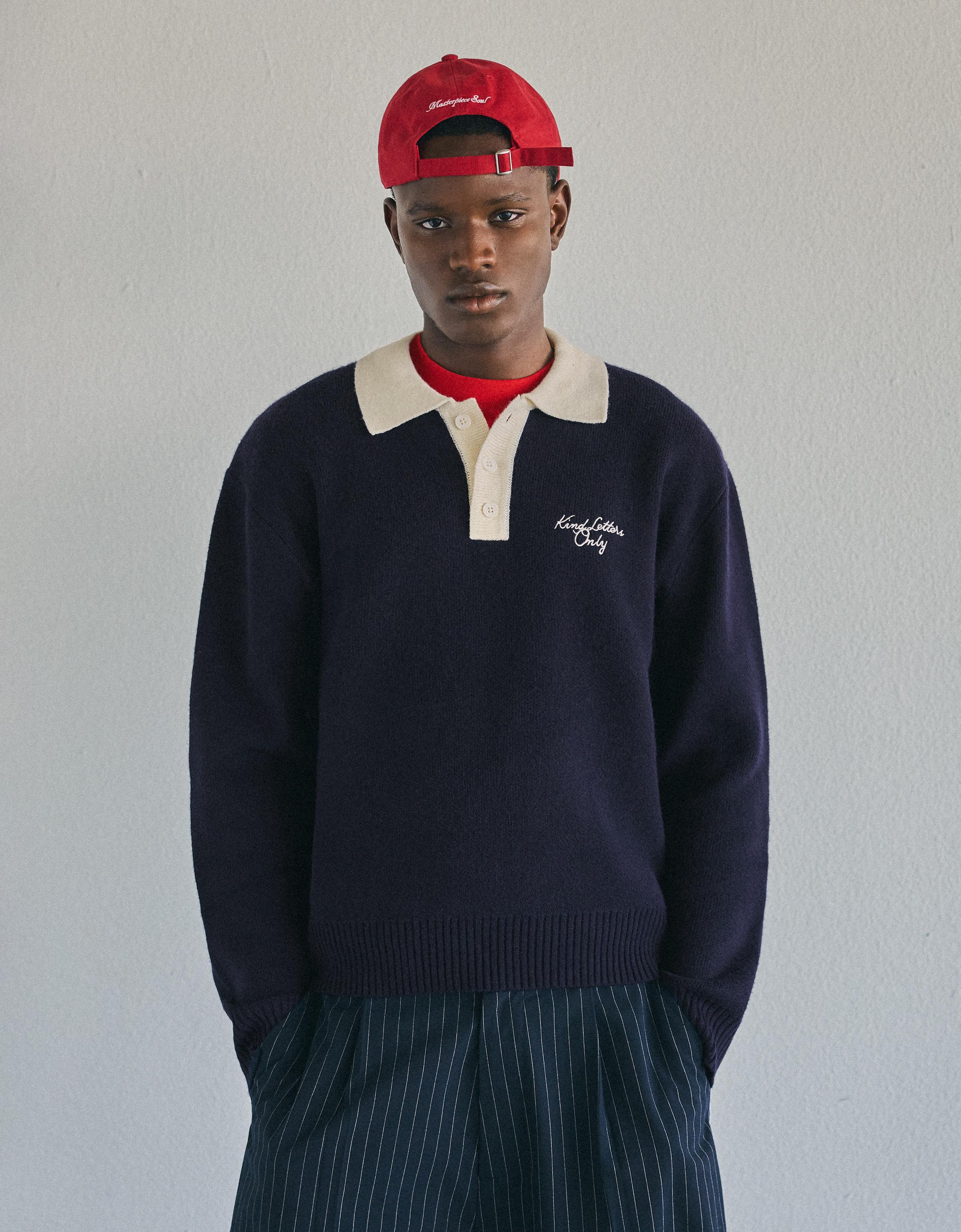 Contrast embroidered polo collar jumper — Navy