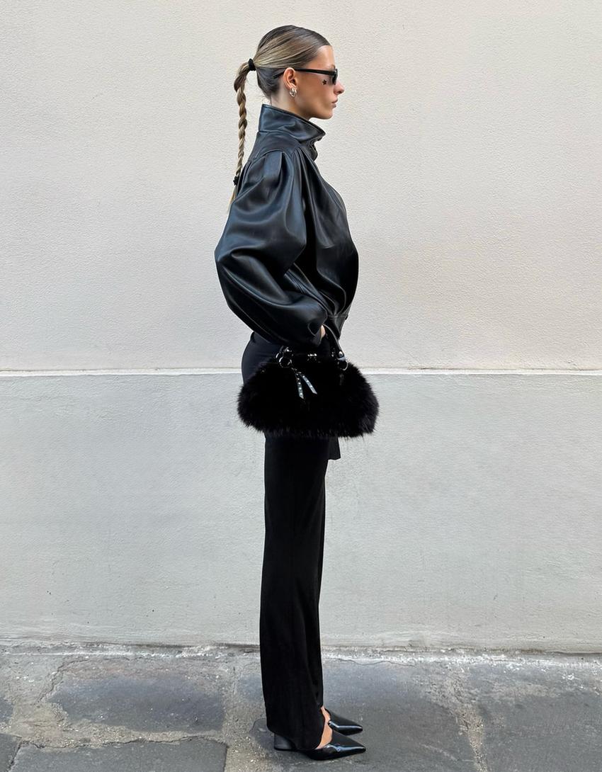 İspanyol paça drapeli çiçek desenli pantolon-Siyah