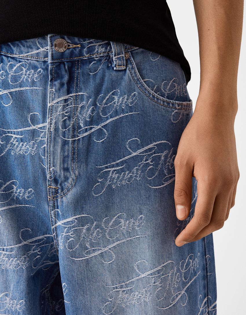 Jacquard print baggy jeans-Light blue-5