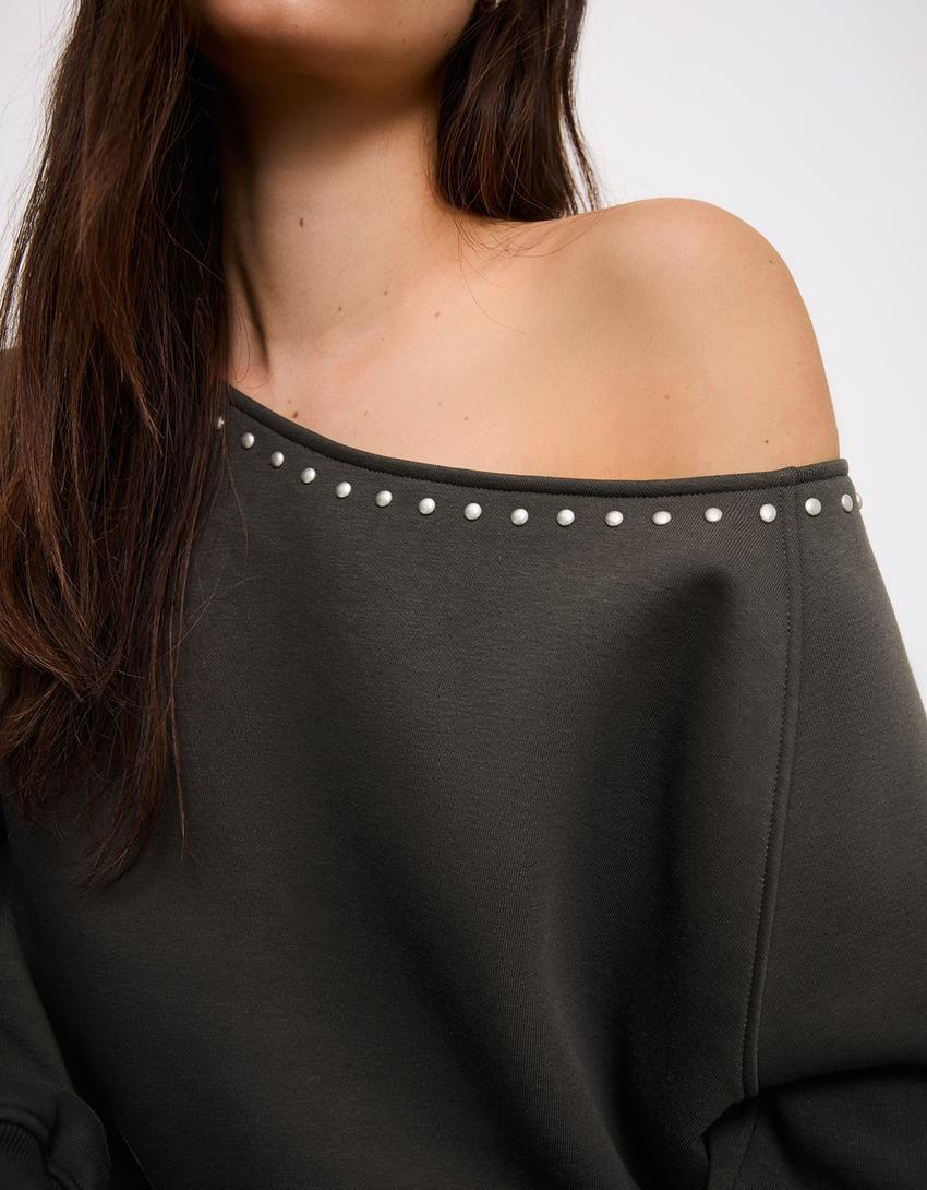 Asimetrik zımbalı polar sweatshirt-Haki