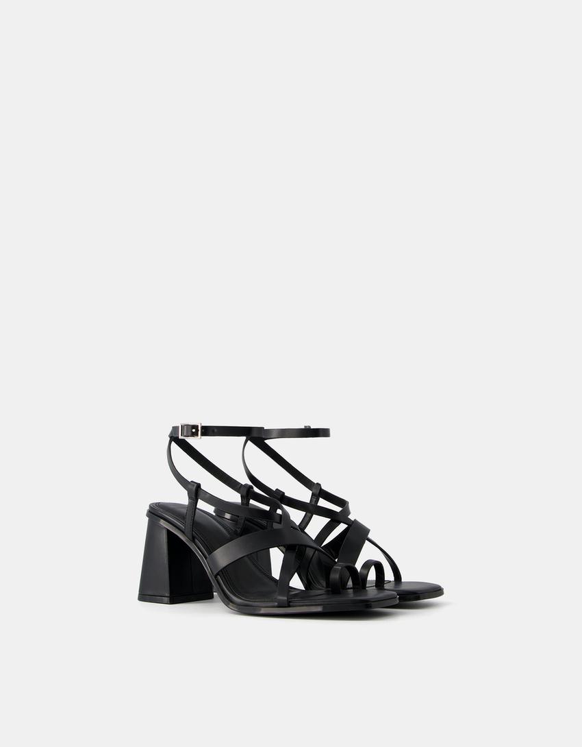 Sandales talon large, lanières et boucle de cheville-Noir-0