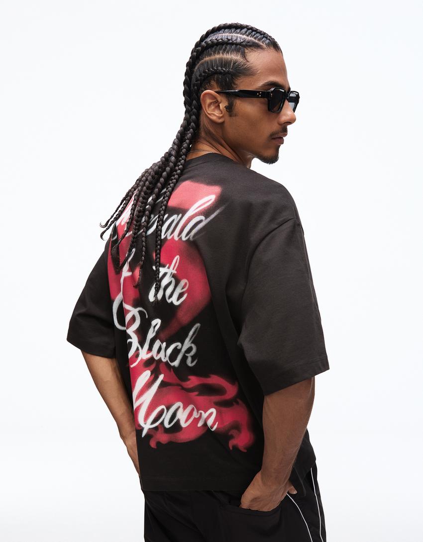 T-shirt à manches courtes Boxy fit imprimé-Noir