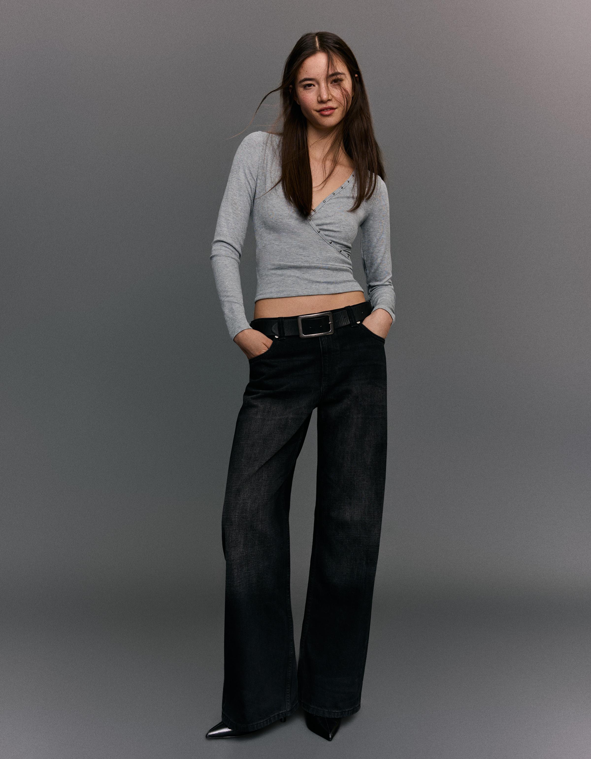 Long-sleeved studded T-shirt — Grey