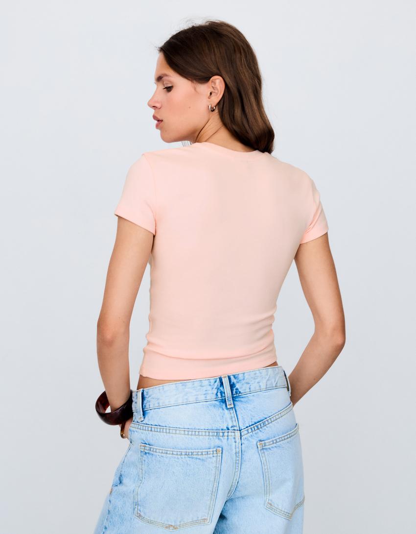 Short sleeve print and bead T-shirt-Pink