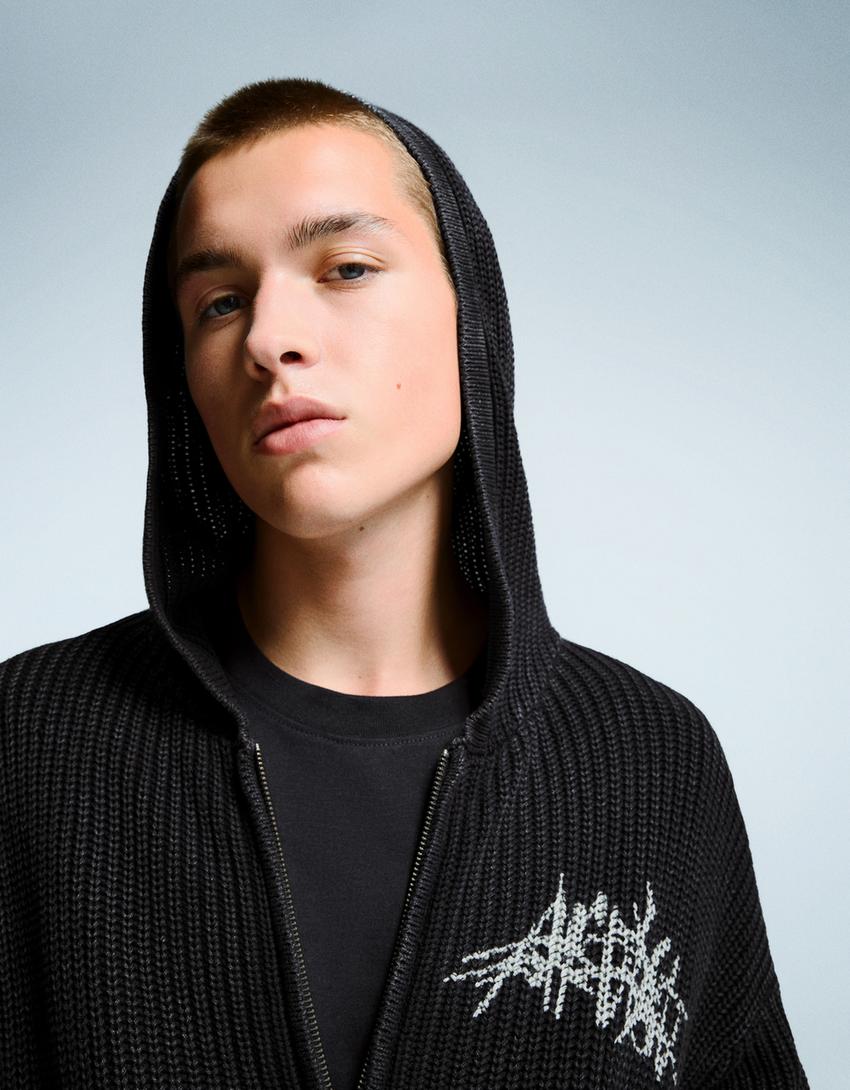 Printed sweatshirt with zip-Black