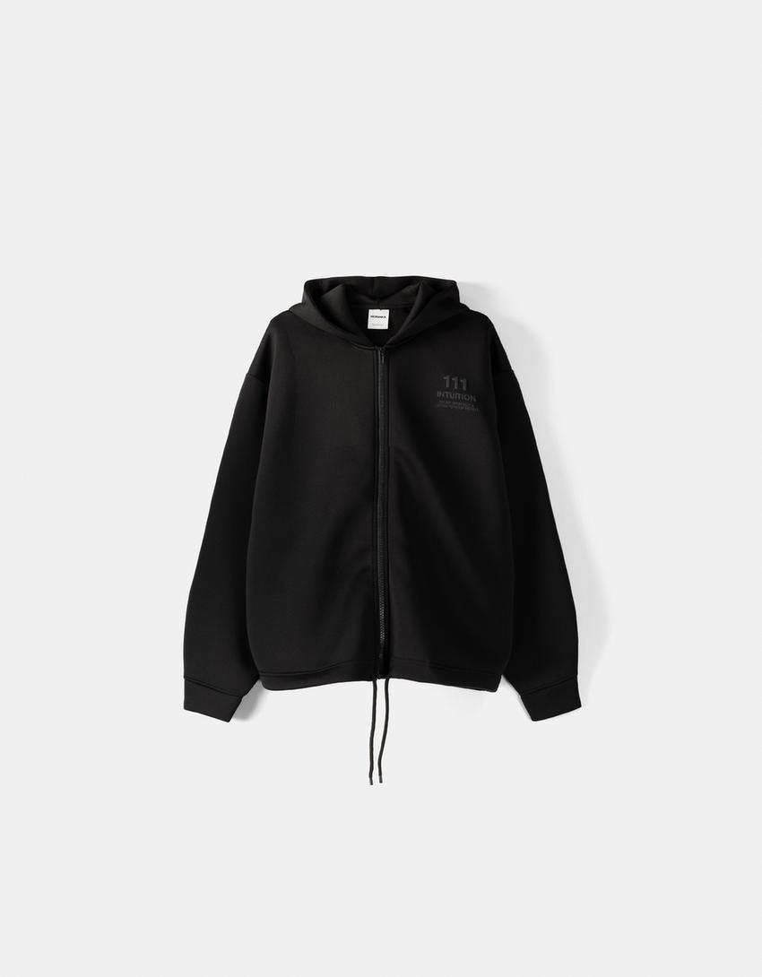 Zip-up slogan hoodie-Black-4