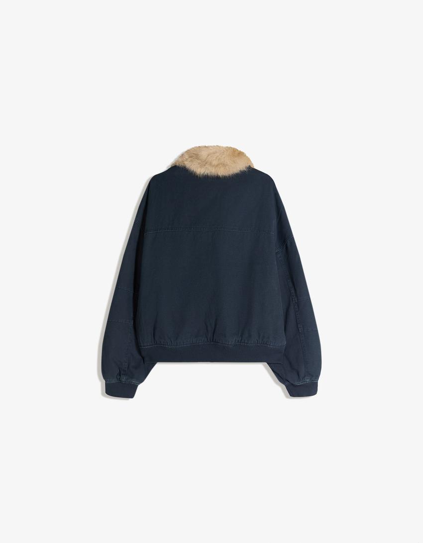 Jacket with faux fur collar-Navy