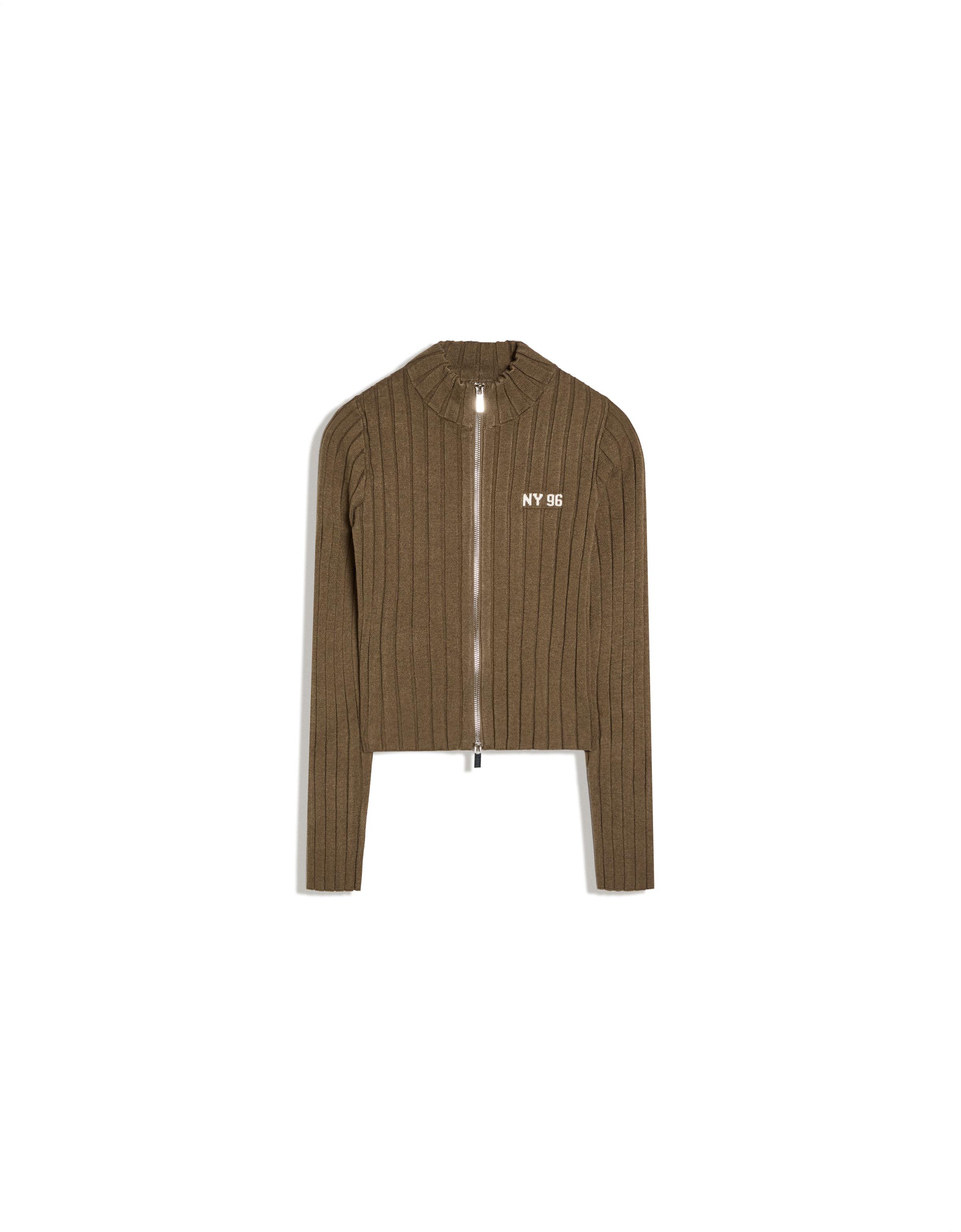 Ribbed knit zip-up cardigan — Khaki