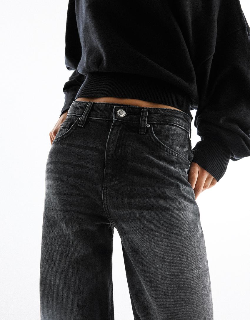 Geniş paça yüksek bel vintage yıkamalı jean-Siyah