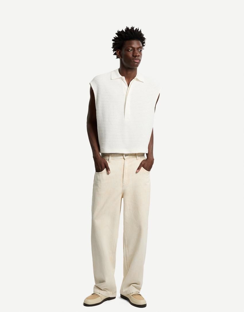 Polo collar vest-Off white-3