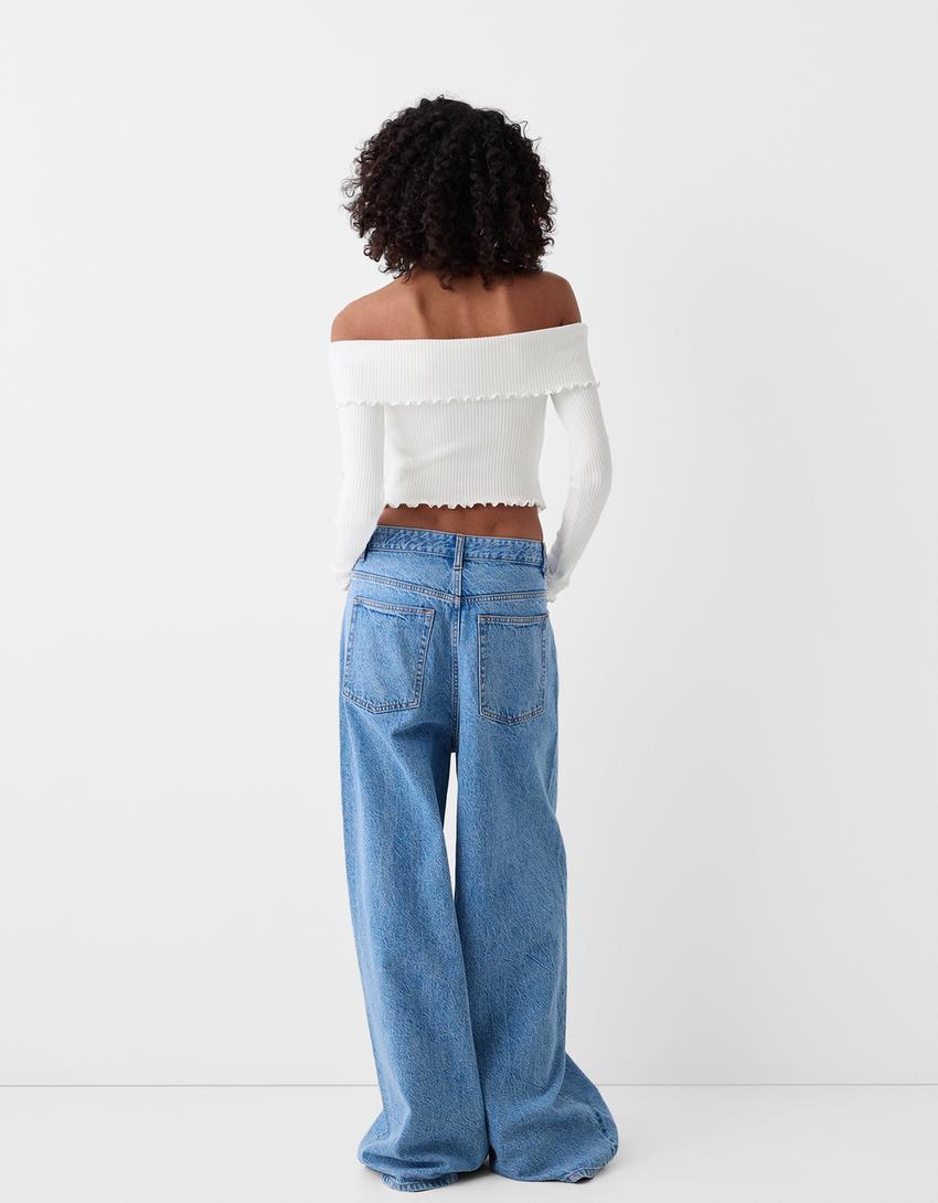 سويتر بياقة باردو وأكمام طويلة-أبيض مطفي-1