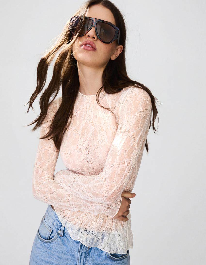 Atasan renda kerut lengan panjang-Krem