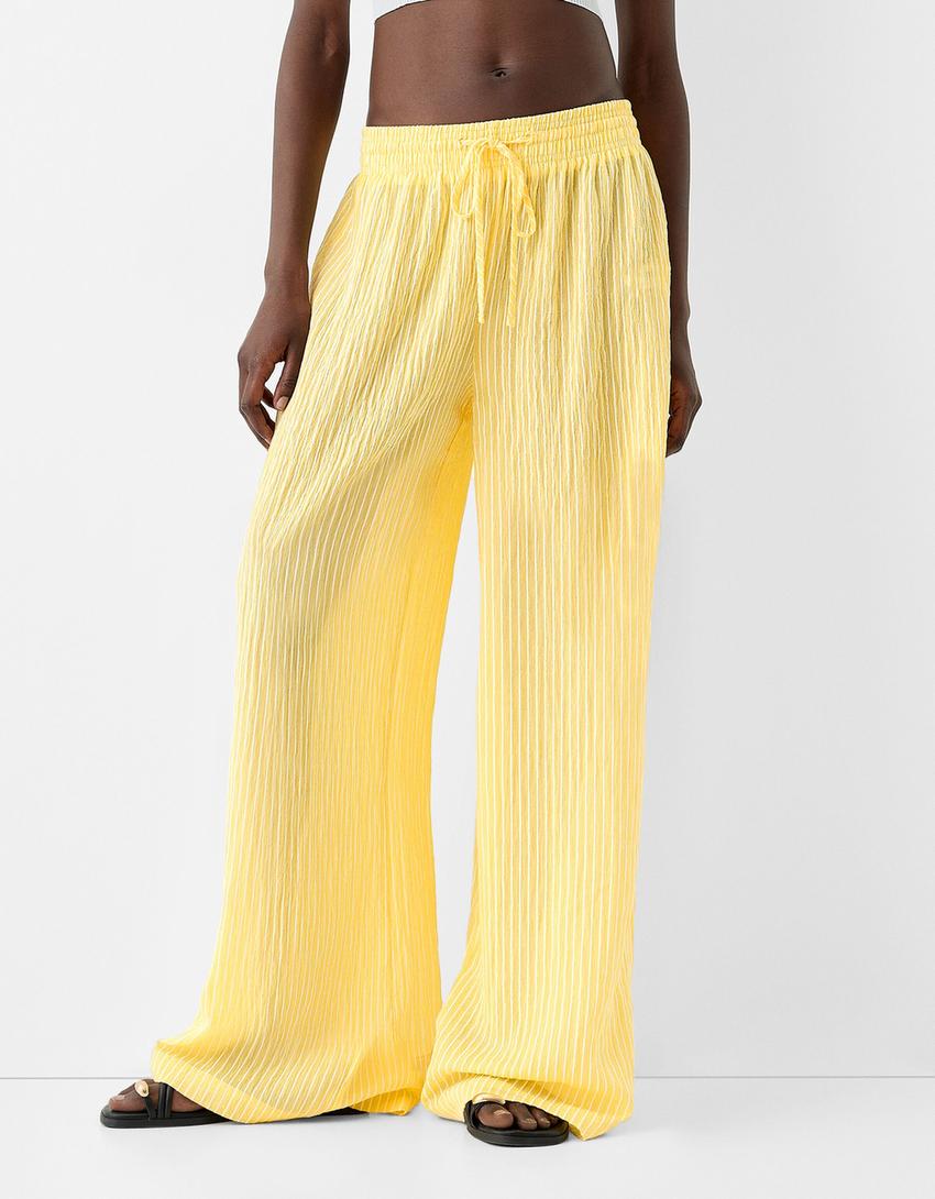 Striped wide-leg creased-effect trousers-Yellow-1