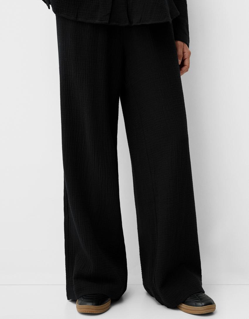 Double fabric chiffon trousers-Black-1