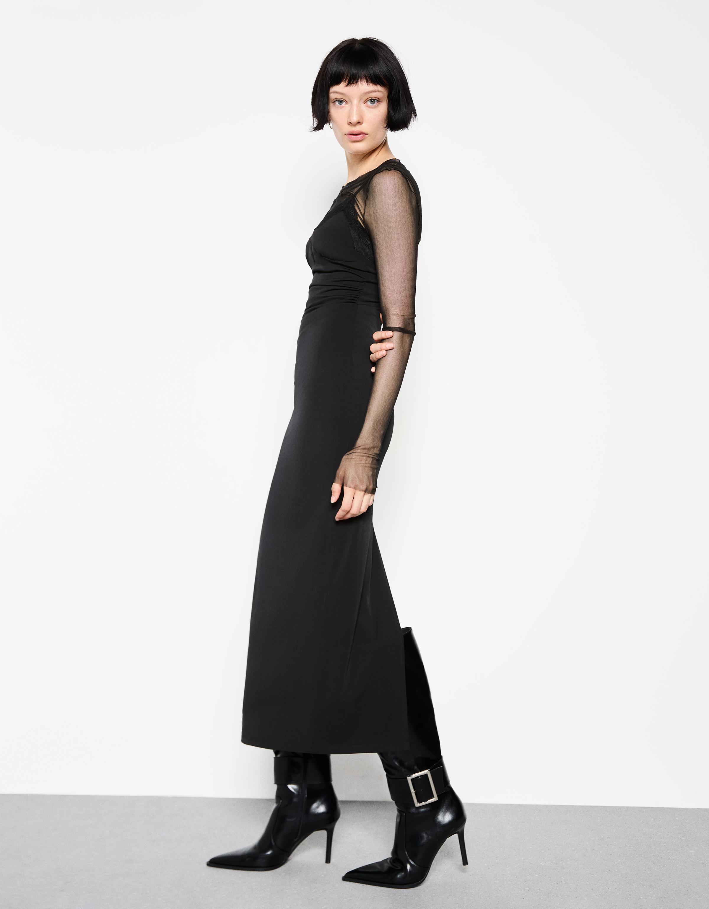 Bershka Fließendes Midikleid Mit Spitze Damen M Schwarz