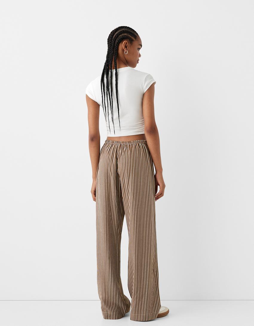Straight-leg striped trousers with elasticated waist-Brown-2