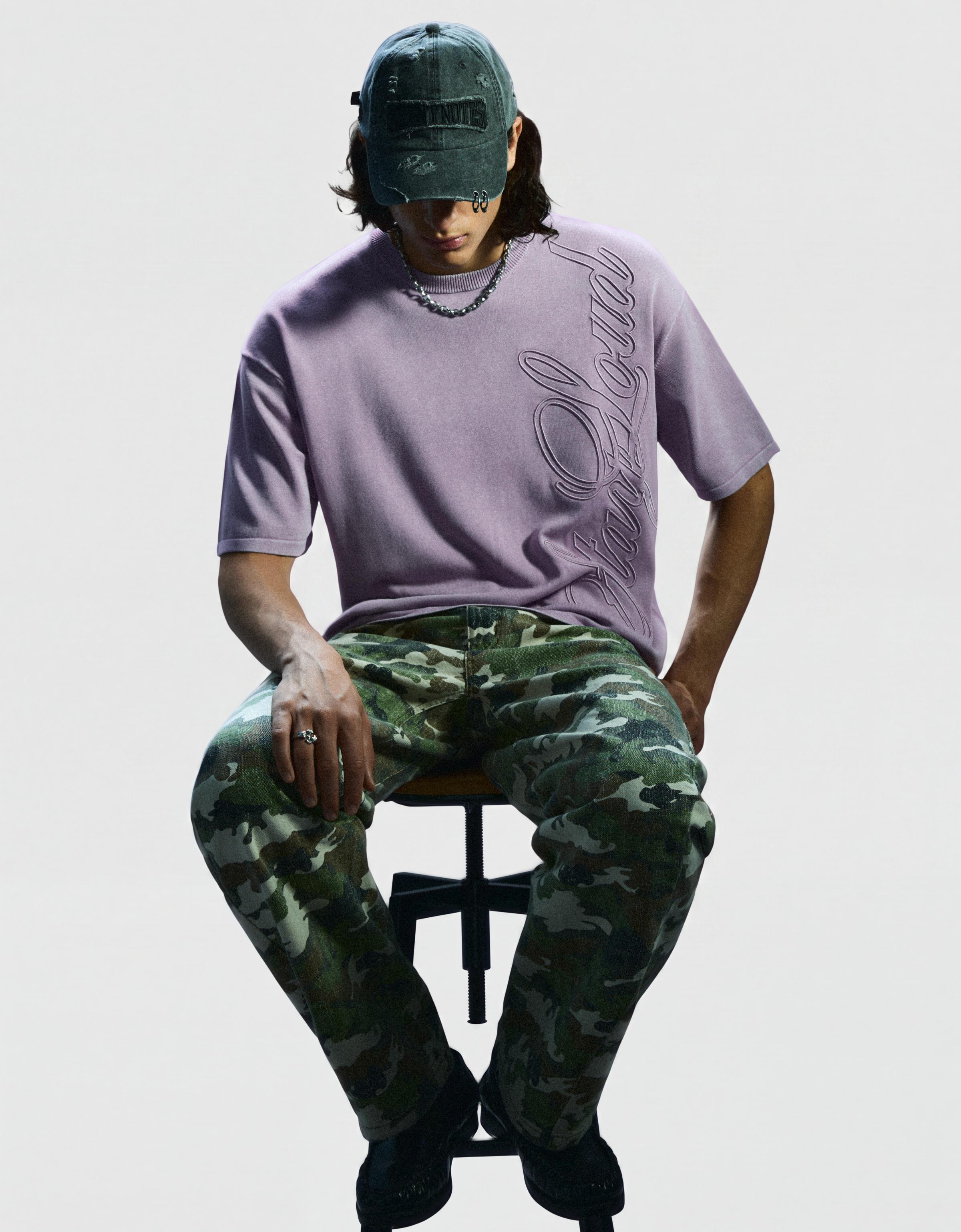 Short sleeve washed effect embroidered T-shirt — Violet