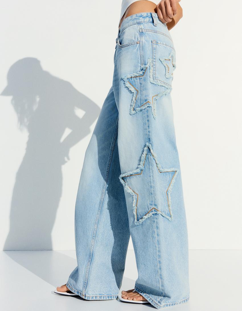 Low-rise boyfriend jeans with stars-Light blue