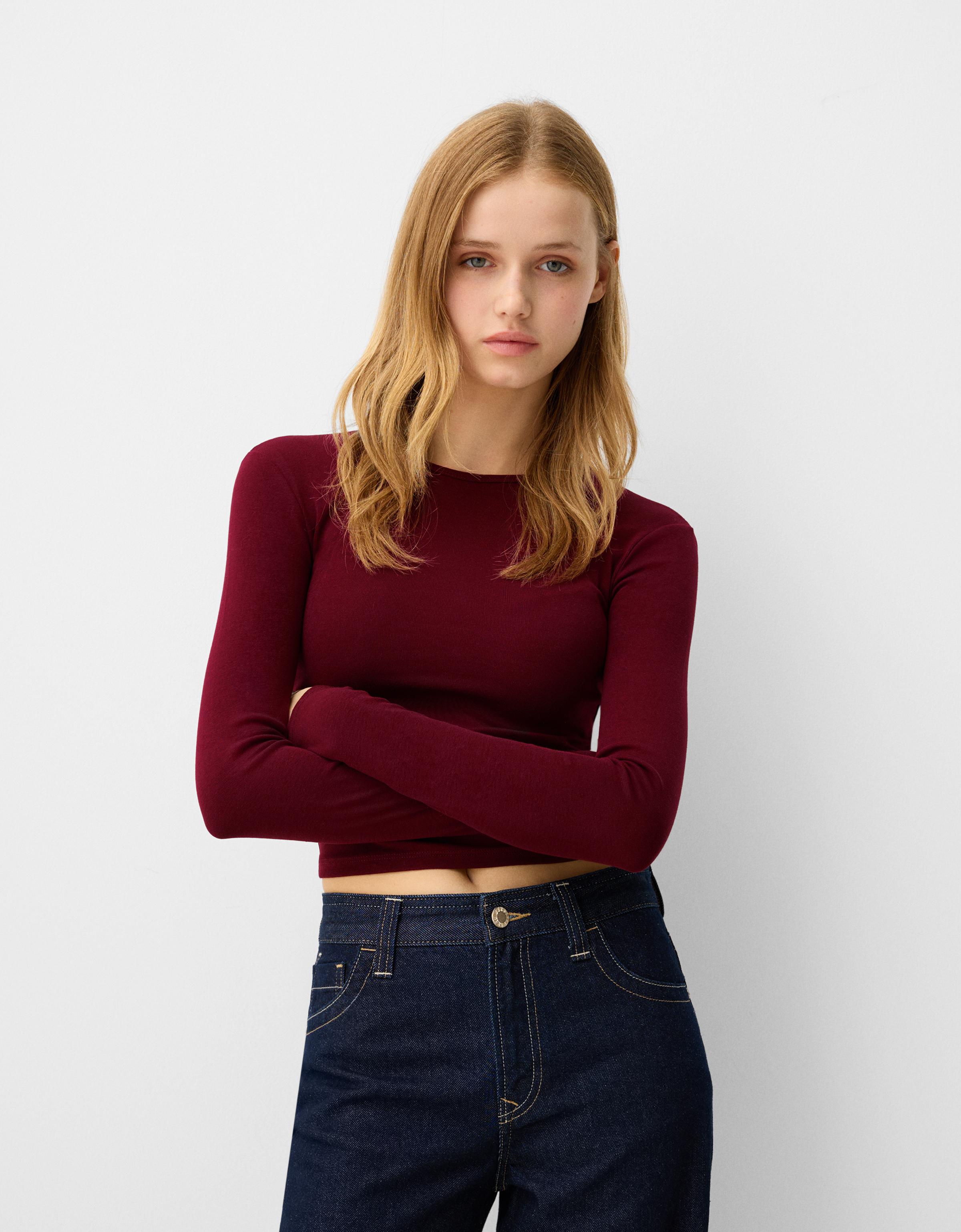 Bershka Langarmshirt Damen L Bordeaux