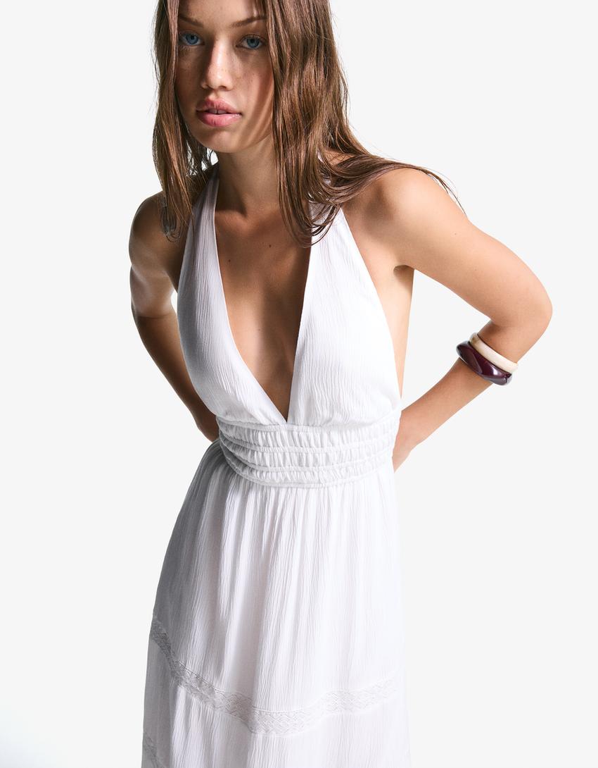 Robe encolure américaine volants-Blanc-1