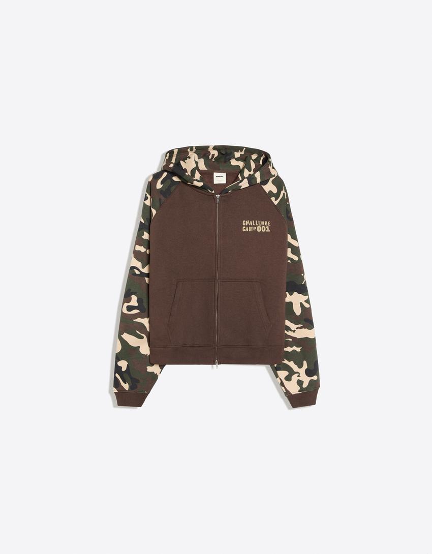 Felpa cappuccio raglan stampa-Kaki