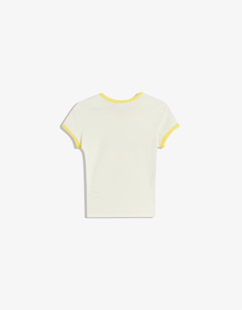 T-shirt manches courtes contrastant imprimé-Blanc cassé