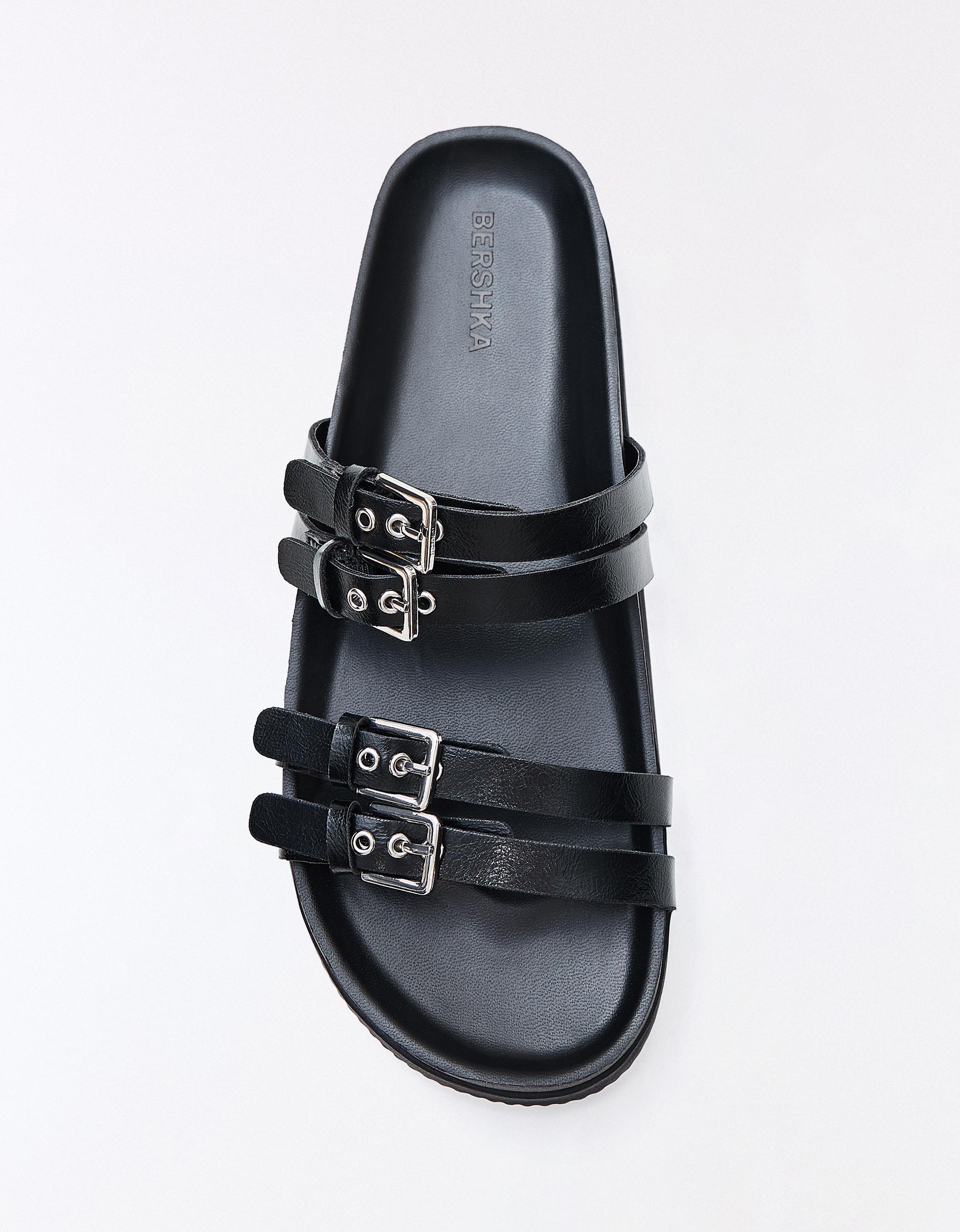 Double buckle flat slider sandals — BLACK