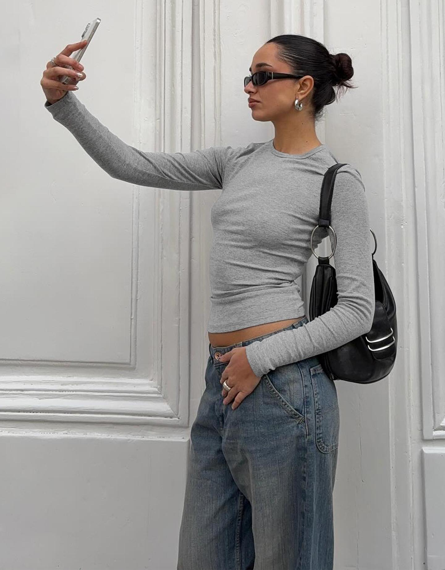 Bershka Camiseta Manga Larga Mujer Gris Oscuro
