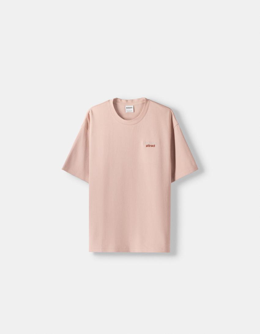 Embroidered plush short sleeve T-shirt-Pink-4