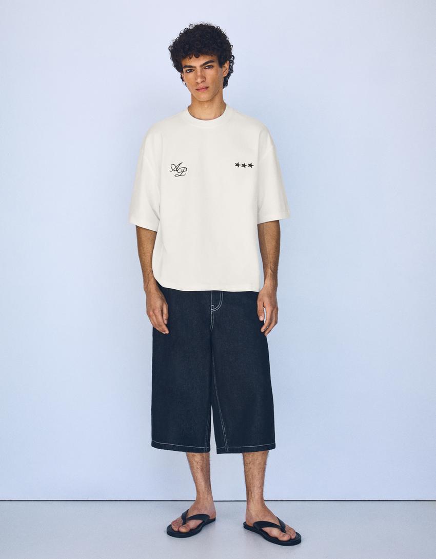 T-shirt boxy brodé-Blanc cassé