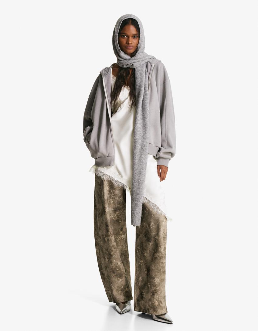 Robe asymétrique satin et dentelle à bretelles-Écru