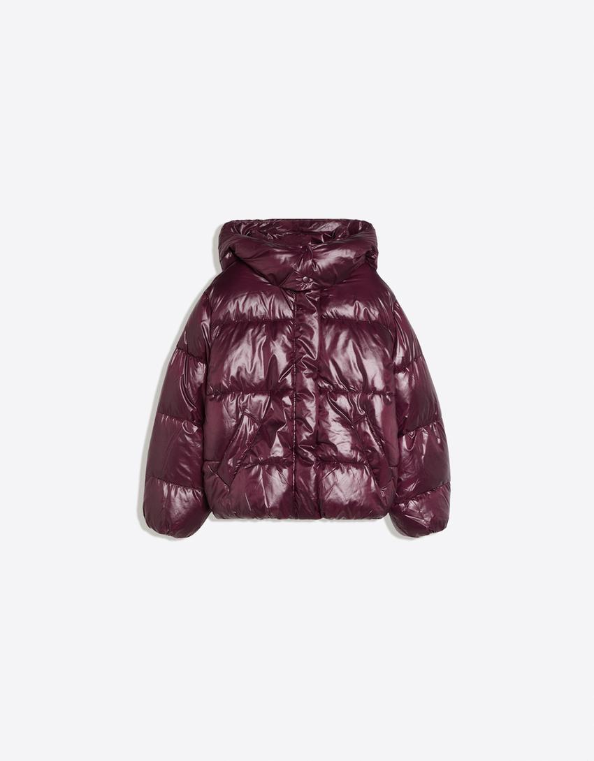 Oversize quilted hooded jacket-Burgundy