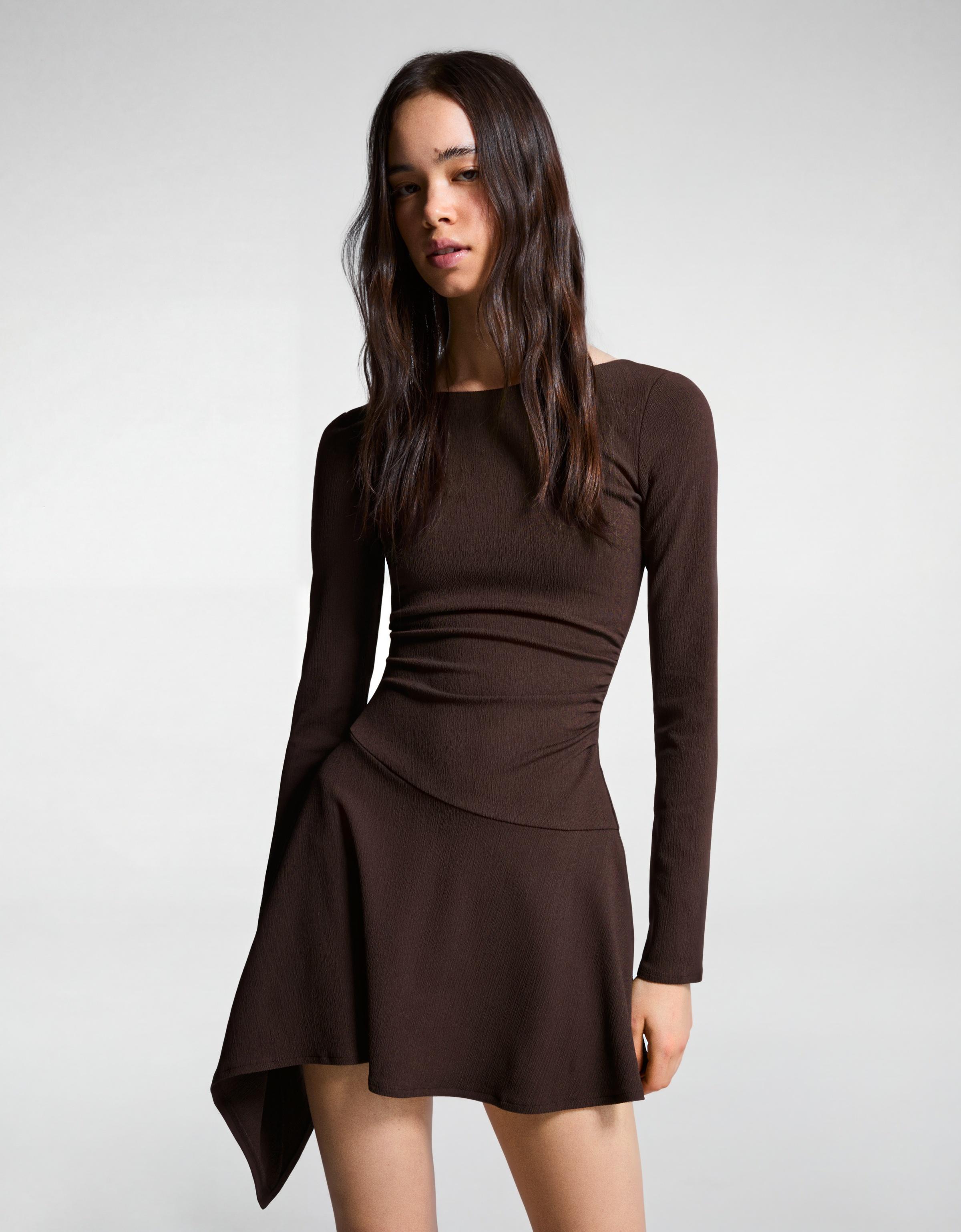 Asymmetric long sleeve mini dress — Brown