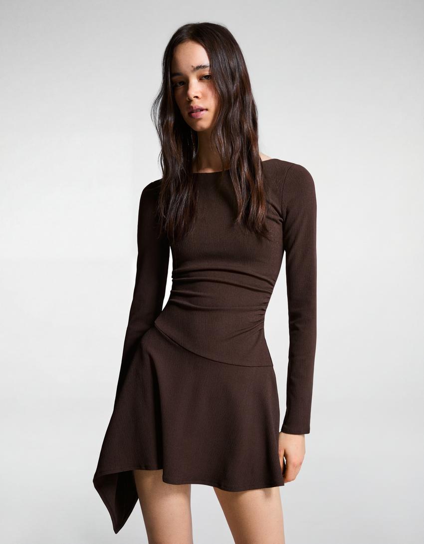 Asymmetric long sleeve mini dress with a flared hem - Women | Bershka Asymmetric long sleeve mini dress with a flared hem - Women | Bershka