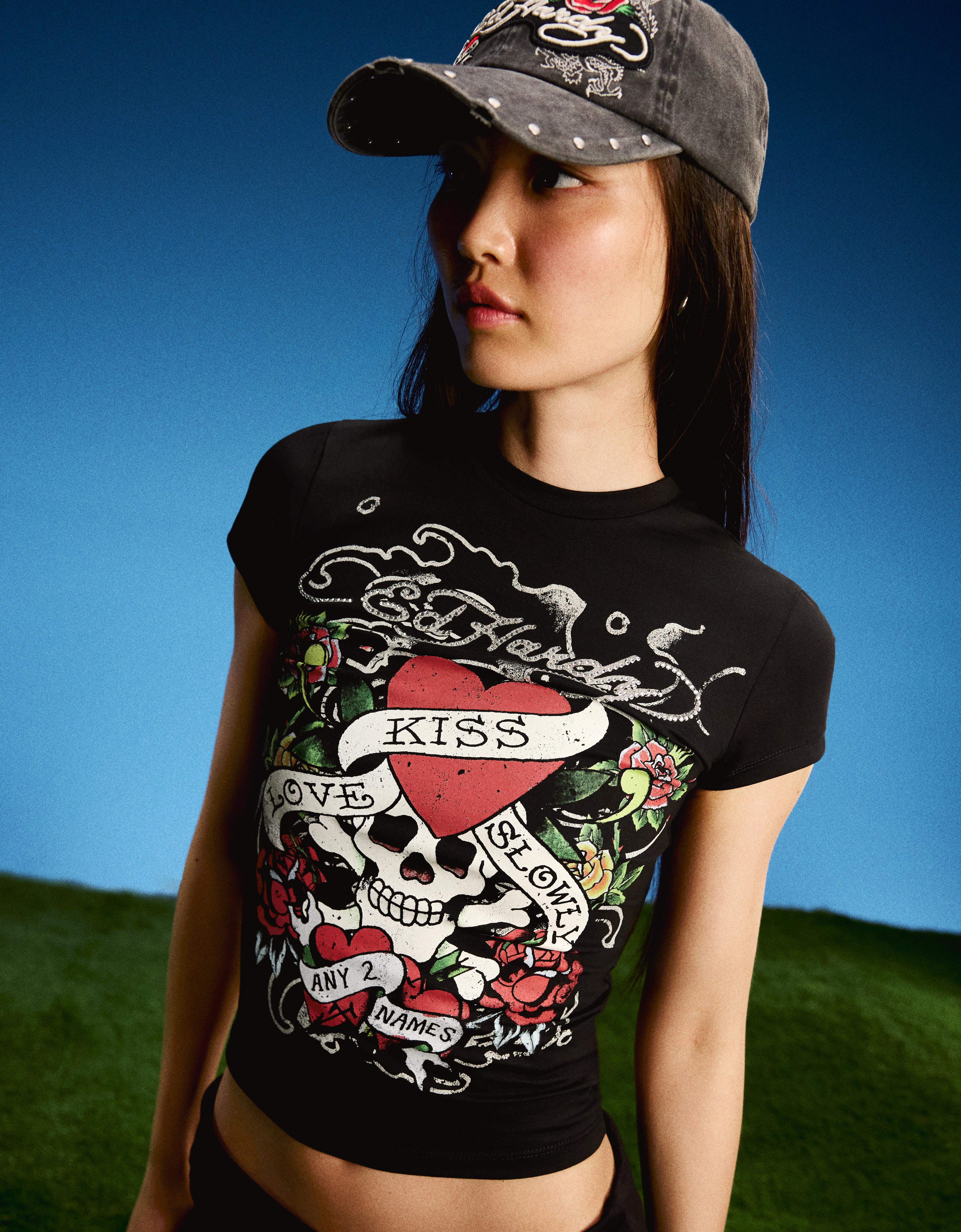 Short sleeve ED HARDY X BERSHKA print T-shirt — Black