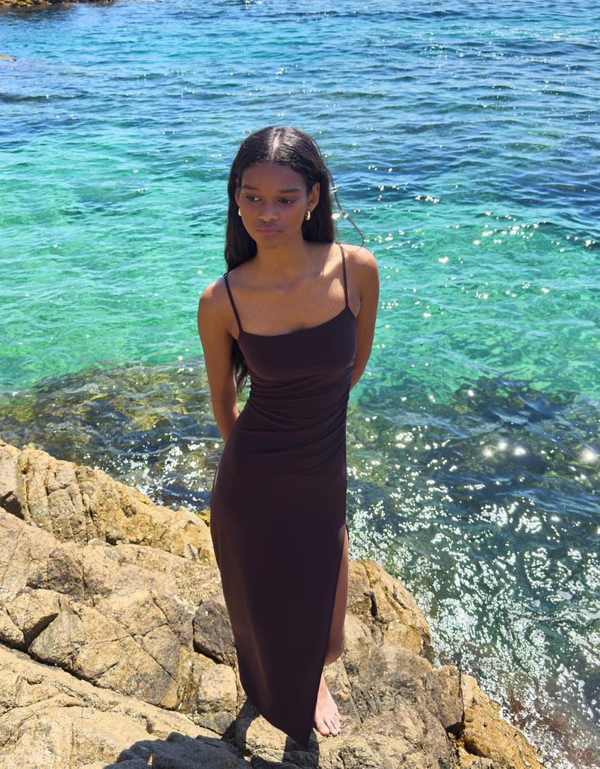 Vestido midi tirantes-Marrón