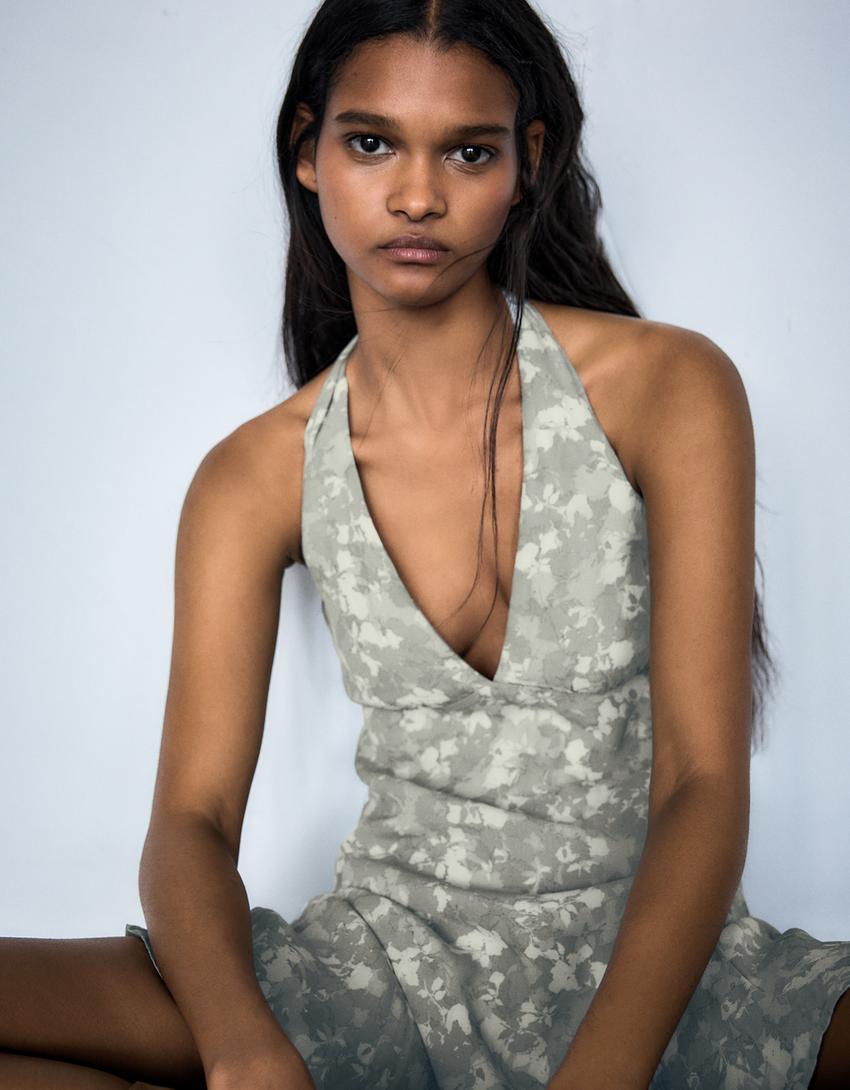 Robe mini imprimée encolure américaine-Kaki